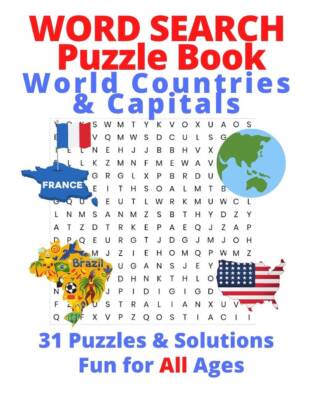 Book Cover: Word Search - World Countries & Capitals - For Kids or Adults